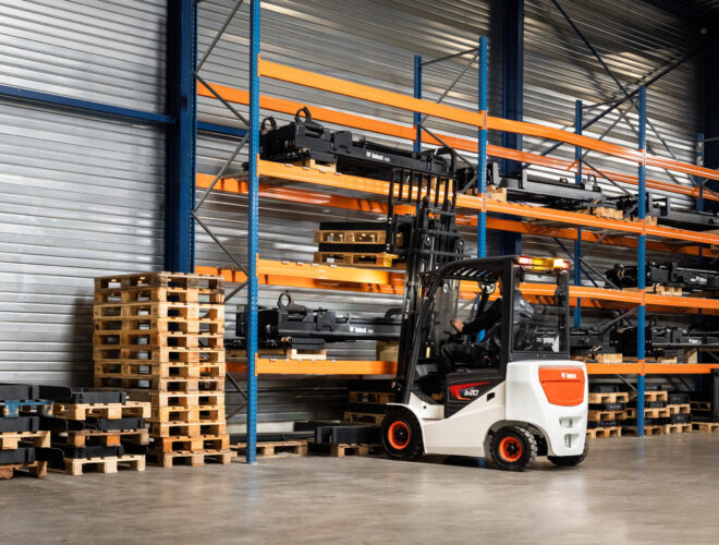 bobcat electric forklift in warehouse